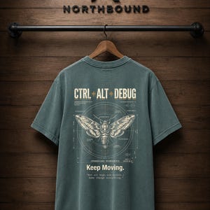 Ctrl Alt Debug t-shirt with moth blueprint graphic on back by Northbound for software developers