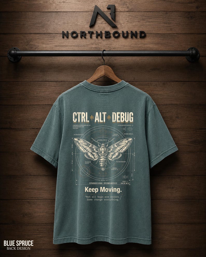 Ctrl Alt Debug t-shirt with moth blueprint graphic on back by Northbound for software developers