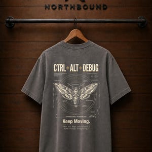 Ctrl Alt Debug t-shirt with moth blueprint graphic on back by Northbound for software developers