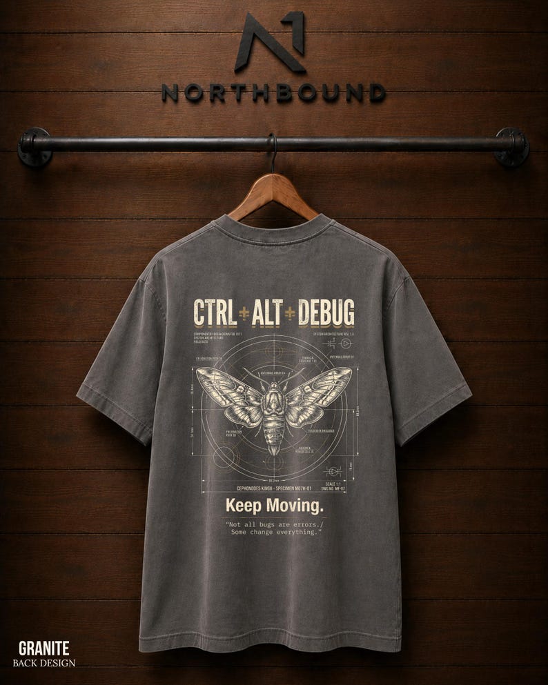 Ctrl Alt Debug t-shirt with moth blueprint graphic on back by Northbound for software developers