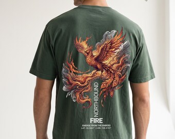 Phoenix Fire Element T-Shirt, Northbound Graphic Tee, Men's Oversized Back Print Shirt, Mythical Bird Streetwear
