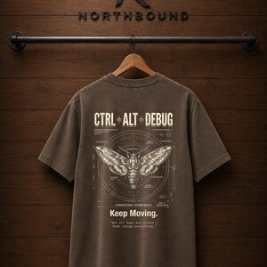 Ctrl Alt Debug t-shirt with moth blueprint graphic on back by Northbound for software developers