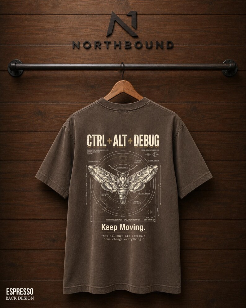 Ctrl Alt Debug t-shirt with moth blueprint graphic on back by Northbound for software developers