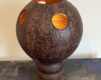 Round Brutalist Ceramic Table Lamp, Globe with Cutouts, Volcanic Brown, French from 1960s - Fully Rewired