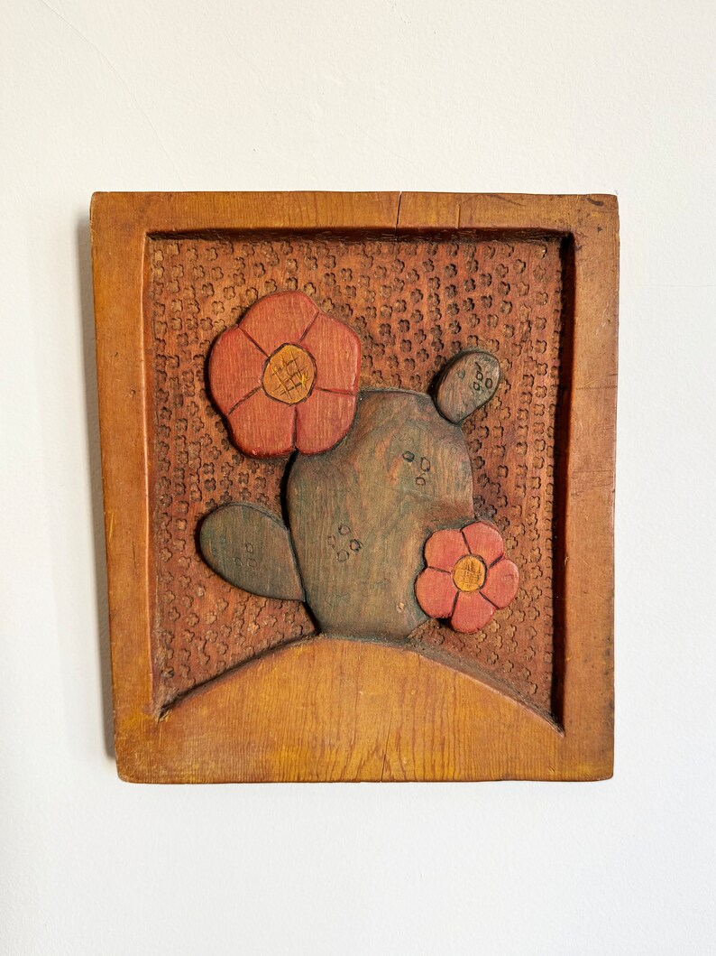 Vintage Mexican Wood Carving of Barrel Cactus With Flowers, Artwork