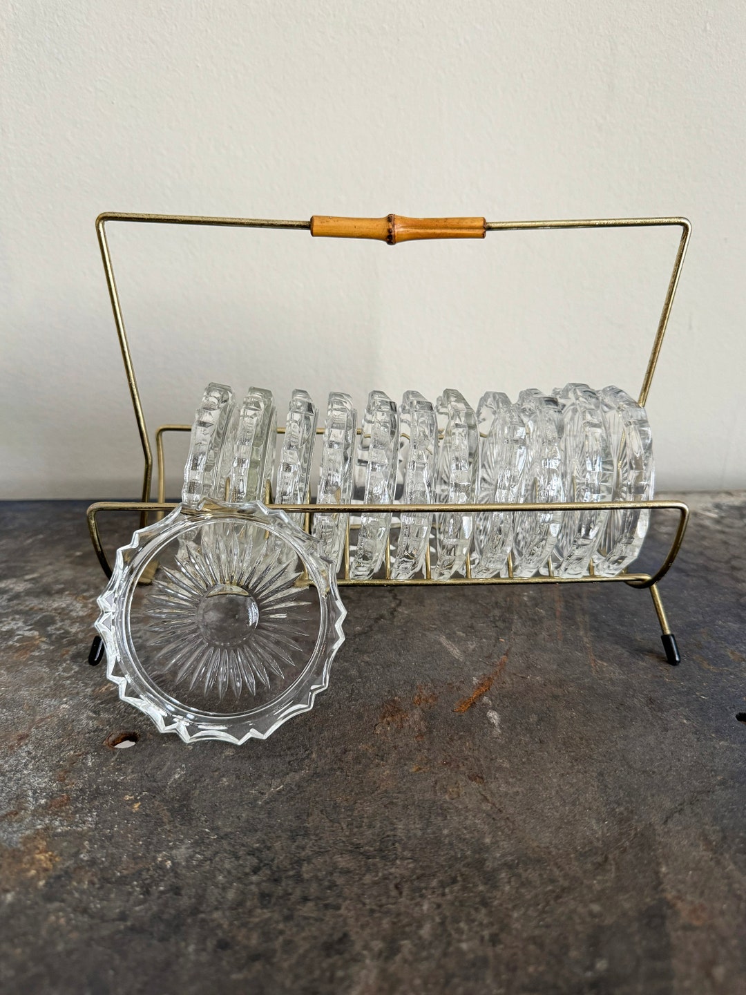 Set of 12 Crystal Coasters in Brass Rack With Bamboo Handle, 1950s - Etsy