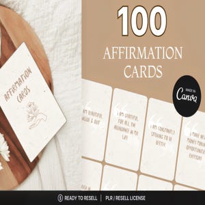 Puede incluir: Un juego de 100 tarjetas de afirmación con el texto "Affirmation Cards" y "100 Affirmation Cards". Las tarjetas tienen citas inspiradoras y están hechas en Canva. Las tarjetas son de color beige con una ilustración floral.
