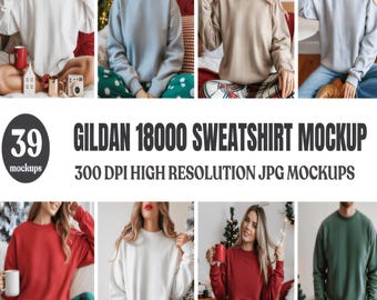 Gildan 18000-sweatshirt mockups-bundel | Bewerkbare digitale sjablonen voor hoodie en ronde hals
