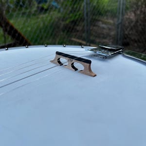 May include: Close-up of a banjo with strings and a wooden bridge. The bridge has a curved design with three openings. The banjo's head is white, and the strings are silver. The metal hardware is shiny.
