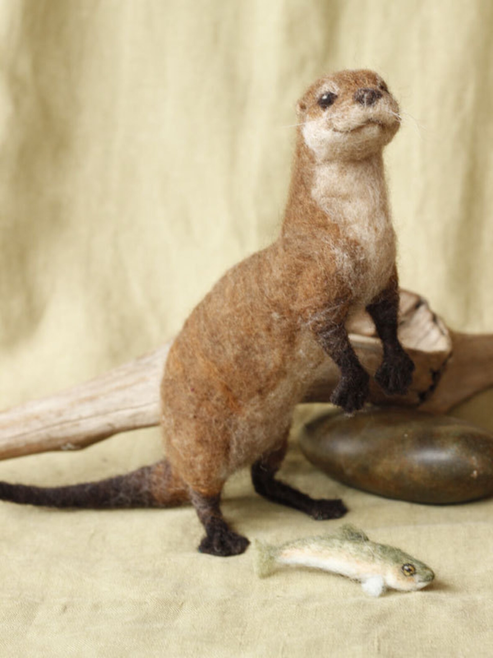 Needle felted River Otter with Trout made to order see Etsy