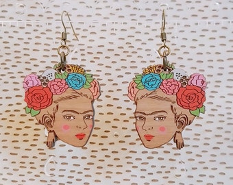 Frida Kahlo  hand painted wooden  earrings
