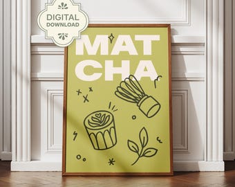 Matcha Wall Art Printable, Fun Green Doodles Print, Digital Download Tea Poster, Modern Maximalist Kitchen Decor, Trendy Cafe Artwork