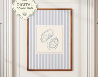 Oyster Illustration Printable Wall Art, Coastal Kitchen Print, Beach House Summer Aesthetic Decor, Blue Striped Artwork, Digital Download