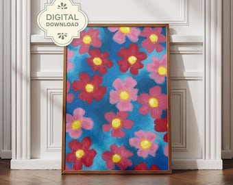 Bunte Blumen Wand Kunst druckbare, abstrakte handgezeichnete Blumen Poster, rosa und blau Maximalist digitaler Download, modernes Wohndekor Kunstwerk
