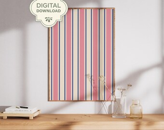 Roze en blauw gestreepte muurkunst afdrukbare, moderne minimalistische poster, preppy trendy esthetische digitale download, girly interieurafdruk