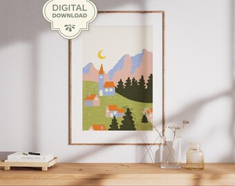 May include: A framed art print featuring a whimsical landscape with a village, mountains, and a crescent moon. The artwork uses a palette of soft colors, including blue, pink, and green. The words "DIGITAL DOWNLOAD" are printed on a decorative label.