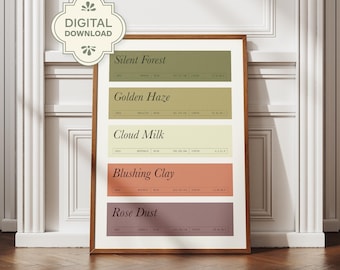 May include: A framed print featuring a color palette with the text "Silent Forest," "Golden Haze," "Cloud Milk," "Blushing Clay," and "Rose Dust." Each color is displayed with its corresponding HEX, RGB, and CMYK values. A "DIGITAL DOWNLOAD" sticker is in the upper left corner.