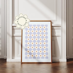 Checkered Star Pattern Wall Art Printable | Blue & Terracotta Retro Print | Modern Vintage Digital Download | Aesthetic Geometric Home Decor