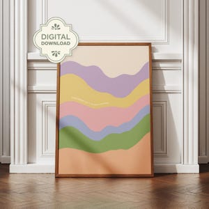 May include: A framed art print with a colorful, abstract design. The artwork features wavy bands of pastel colors including peach, green, blue, pink, yellow, and purple. The text "PROGRESS ISN'T ALWAYS LINEAR" is printed in the center. A digital download sticker is in the upper left corner.