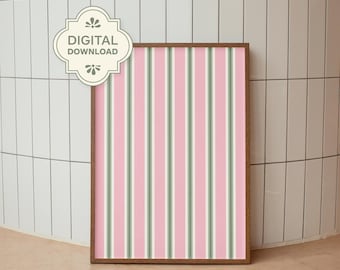 Afdrukbare roze en groen gestreepte muurkunst, pastel moderne abstracte poster, minimalistische trendy digitale download, gestreepte woondecoratieprint