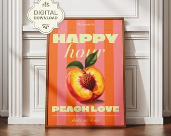 Happy Hour Printable Wall Art, Peach Kitchen Bar Decor, Retro Cocktail Art, Bold Orange Fruit Print, Digital Download, Fun Drink Poster