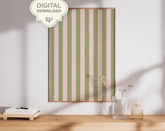 Saliegroen en roze gestreepte muurkunst afdrukbare, moderne minimalistische poster, elegante streep digitale download, trendy esthetische woondecoratie