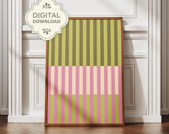 Abstracte gestreepte muurkunst afdrukbare, moderne print uit het midden van de eeuw, strepenpatroon digitale download, roze groen muurdecor, retro esthetische kunst