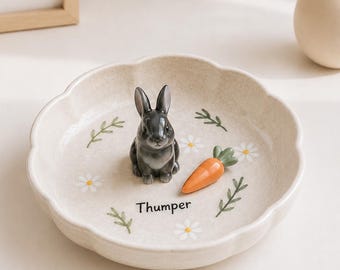Personalized Rabbit Ring Dish, Custom Pet Keepsake Tray, Handmade Ceramic Jewelry Dish With 3D Bunny Figurine