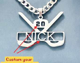 Custom Hockey Stick Necklace with Name and Number – Personalized Sports Gift, Multiple Chain Lengths