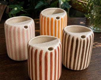 Handmade Ceramic Travel Mug, Personalized Coffee Cup with Lid, Minimalist Striped Tumbler, Custom Color Pottery Mug, Gift for Her