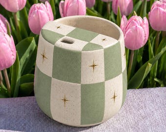 Sage Green Checkerboard Ceramic Mug, Handmade Pottery Coffee Cup with Gold Stars