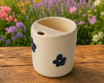 Handmade Ceramic Travel Mug, Speckled Floral Coffee Cup with Sipping Lid, Artisan Pottery Tumbler