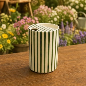 Puede incluir: Un soporte cilíndrico de cerámica para utensilios con base blanca y rayas verticales de color verde oscuro. La parte superior está parcialmente cubierta por una tapa a rayas a juego que incluye una abertura circular para utensilios.