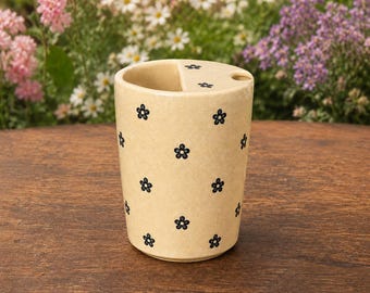 Handmade Ceramic Travel Mug, Cream Floral Coffee Cup, Artisan Pottery Tumbler with Lid