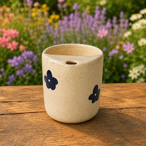 May include: A cylindrical ceramic vessel with a speckled cream finish and dark blue flower motifs. The top edge features a distinct indentation and a small circular opening, creating a unique silhouette for this functional pottery piece.