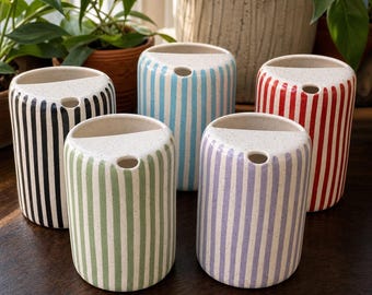 Handmade Ceramic Travel Mug, Striped Pottery Tumbler, Custom Color Coffee Cup