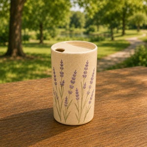 Puede incluir: Un vaso cilíndrico de cerámica con acabado en crema moteado, que presenta un patrón pintado de ramas de lavanda moradas con tallos verdes. El recipiente tiene una parte superior plana con una pequeña abertura circular cerca del borde.
