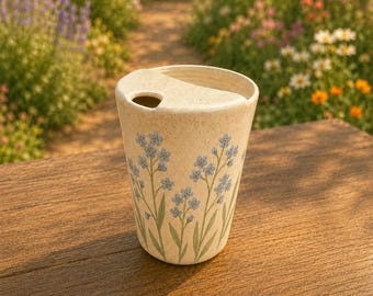 Hand Painted Forget-Me-Not Ceramic Tumbler, Botanical Stoneware Coffee Cup
