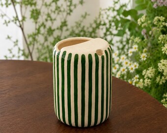 Hand-painted green vertical stripes ceramic travel cup | Engraved convenient hand-held cup | Women's personalized holiday gift