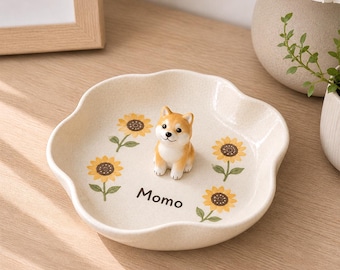 Personalized Ceramic Pet Ring Dish, Sunflower Memorial Tray, Pet Lover Gift