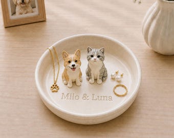 Personalized Pet Ring Dish, Custom Dog Cat Ceramic Jewelry Tray, 3D Pet Portrait Keepsake