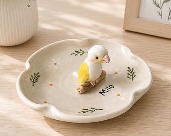 Personalized Ceramic Bird Ring Dish, Custom Pet Jewelry Tray, Handmade Keepsake