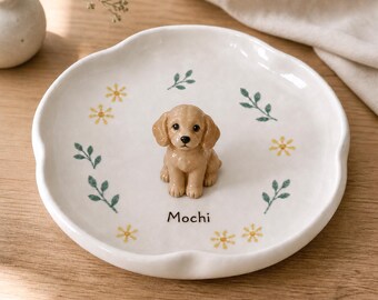 Custom Ceramic Dog Jewelry Tray, Handmade Pet Portrait Dish, Floral Name Trinket Holder