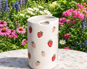 Hand-Painted Strawberry Ceramic Travel Cup, Summer Fruit Coffee Mug