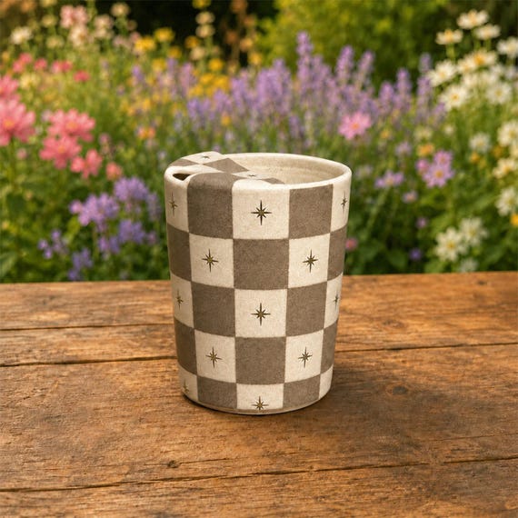 Handmade Ceramic Checkerboard Mug with Gold Stars, Cozy Travel Coffee Cup