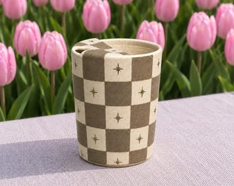Handmade Ceramic Travel Mug, Neutral Checkered Coffee Cup with Gold Stars