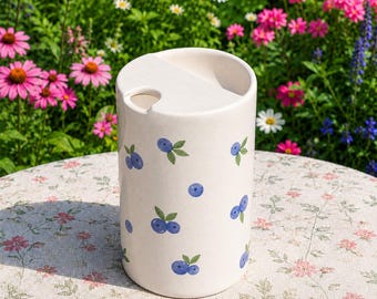 Handmade Blueberry Travel Cup, Ceramic Coffee Tumbler with Hand Painted Blueberries, Pottery Tea Cup