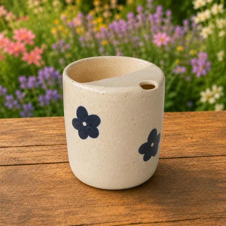 Handmade Ceramic Travel Mug, Speckled Floral Coffee Cup with Sipping Lid, Artisan Pottery Tumbler image 5