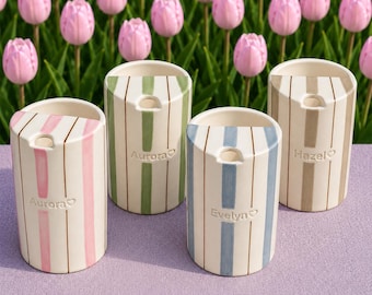 Handmade Striped Ceramic Travel Mug Half Lid, Ceramic To Go Mug, Stripes Coffee Cup, Pottery Coffee Tumbler