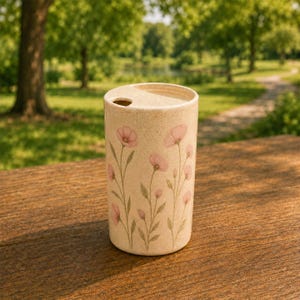 Hand Painted Floral Ceramic Travel Mug, Handmade Pink Flower Pottery Tumbler, Personalized handmade mugs